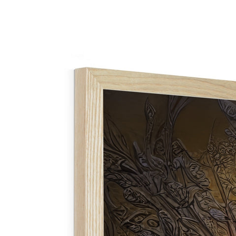 A metal wood framed image sits on top of a frame that holds artwork in a gold