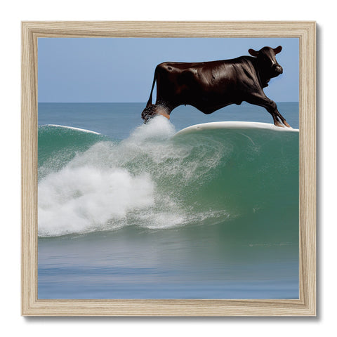 A brown cow riding a board on the surf waves.