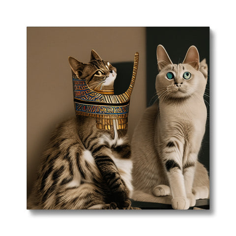 An Egyptian cat with a hat next to a man walking next to it.
