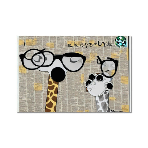 Two giraffe looking at a sticker book on a black and white background.
