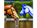 Two horse's standing beside water standing in front of a glass faucet.