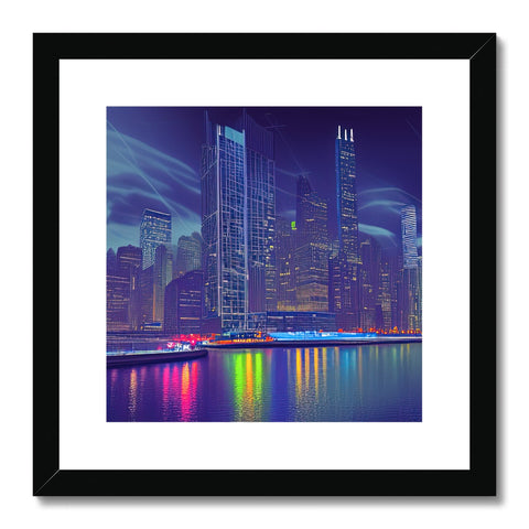 Art print with white buildings and rainbow in the background and city lights.