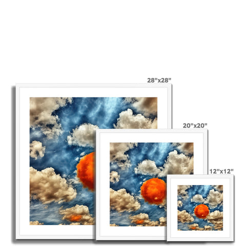 Three images surrounded by oranges and a cloudy sky in front of a clock.