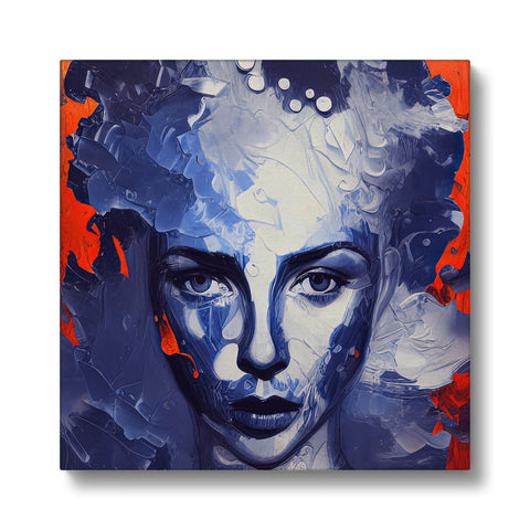 An art print on a canvas with a blue and black background