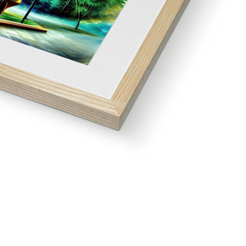 A picture print of a shortboard standing near a wooden frame with a close up of