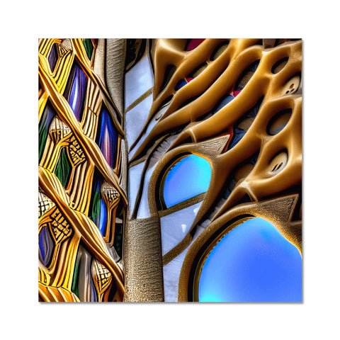 A colorful wooden design with two colorful wooden art prints on art glass.