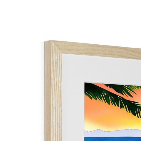 A wooden frame with art print with wood on it and a wooden photo of the ocean