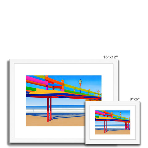 Art photo frames with colorful items on them on art prints on different levels.