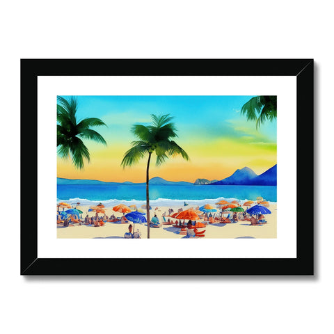 An art print with a beach in a tropical setting by the ocean.