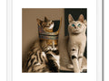 Cats sitting close together in a glass vase next to a picture of pharaoh