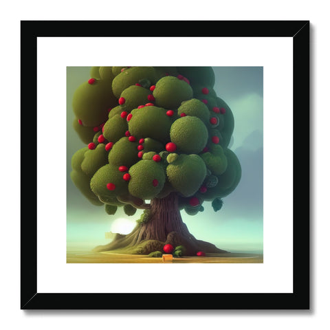 An  art print of a tree surrounded by plants growing in a lawn.