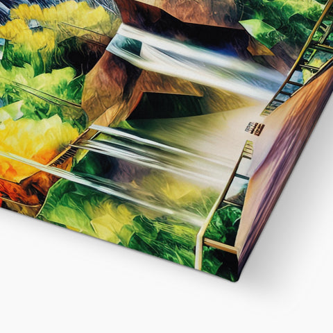 Color photographs of a picture of a waterfall on a cutting board.