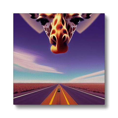 A giraffe stands on top of an open desert desert road with many other animals wandering