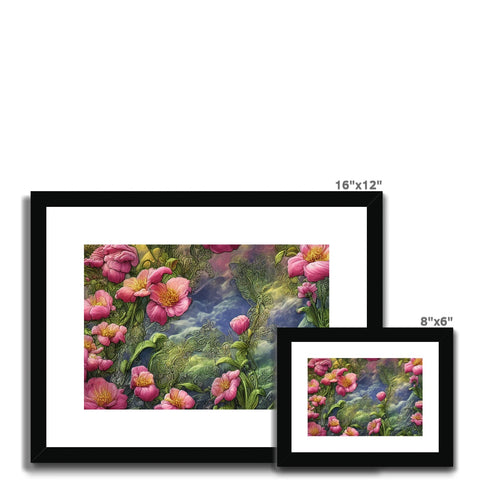 A picture framed print of pink and green flowers hanging on one wall.