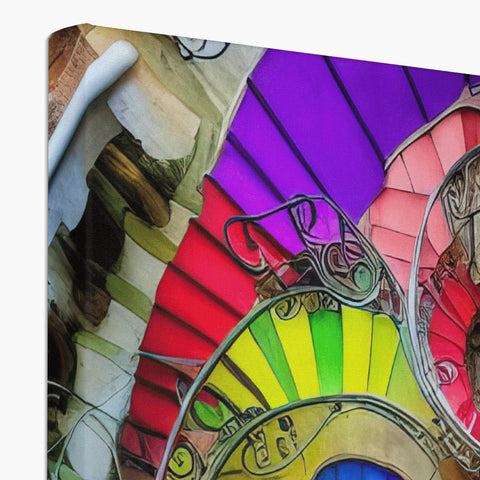 A colorful art print on a tile wall featuring a rainbow umbrella and a spinning wheel on