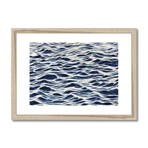 A wooden print with a white ocean wave crashing against a blue background.