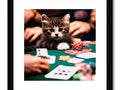 a framed photograph with a cat playing the game of poker