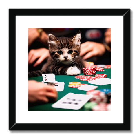 a framed photograph with a cat playing the game of poker
