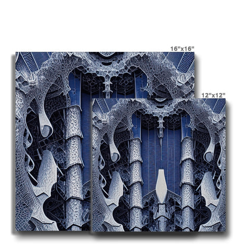 A black and white picture of painted ceramic tile on wood with a blue background.