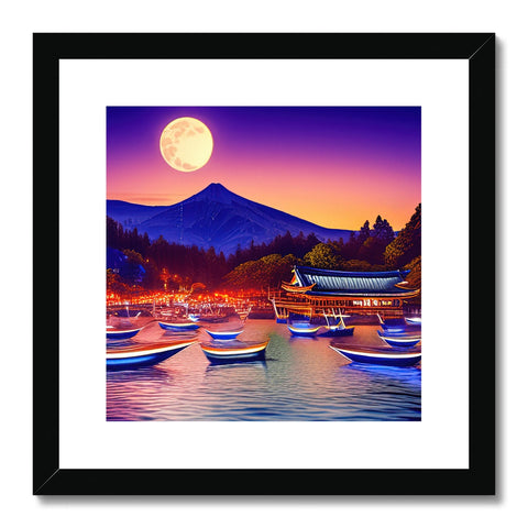 Four boats on the water with an art art print hanging above its body of water.