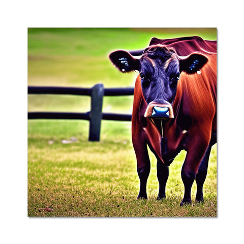 A cow stands in a field near a blue field.