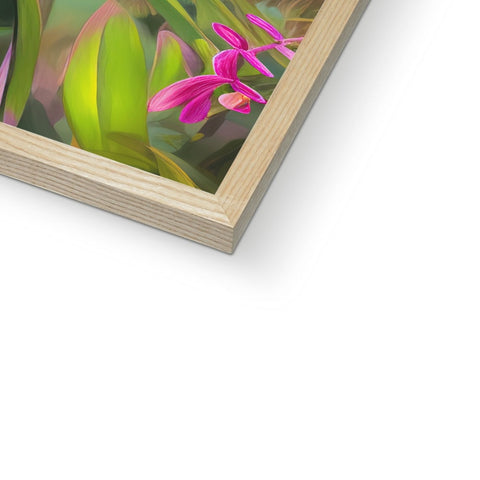 A photo with wood frames on it in a box, topped with two flowers