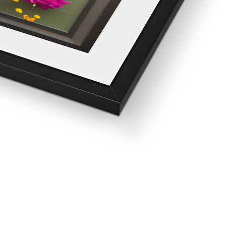 A picture frame with a white flower on a white backdrop in the background.