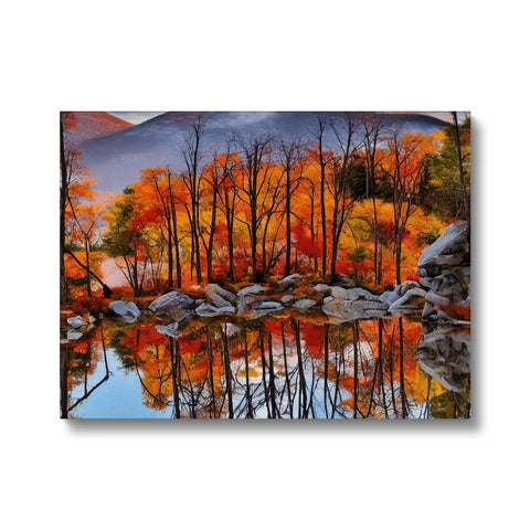 A colorful print featuring a lot of leaves and mountains standing in a lake with water in