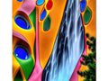 Art print depicts a waterfall running in a room with various colors of leaves.