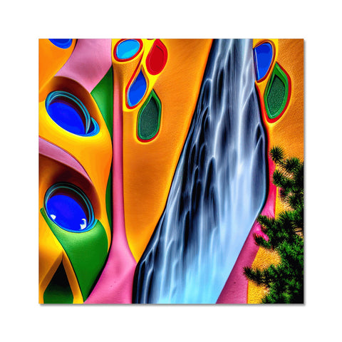 Art print depicts a waterfall running in a room with various colors of leaves.