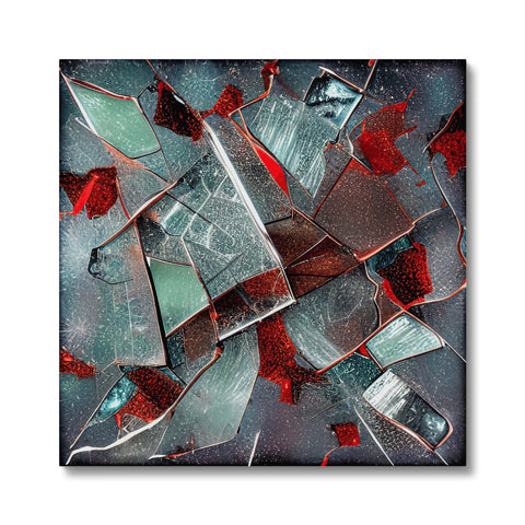 A smashed picture on top of a window frame containing glass shards of a building.