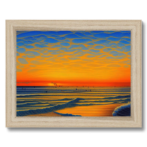 A photo of waves and a sunset on a blue canvas framed in wood.