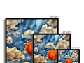 a close up of twin monitors with multiple images of a sky, sky and clouds on
