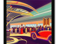 A room filled with art prints including an ocean liner with dining and entertainment.