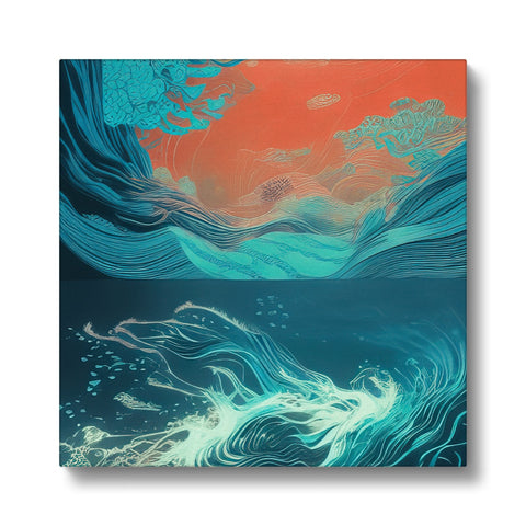 Some ocean waves are floating in the water next to an artwork print on the water.