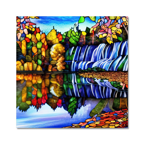 A colorful fall colorable artwork in a picture with trees and a river.
