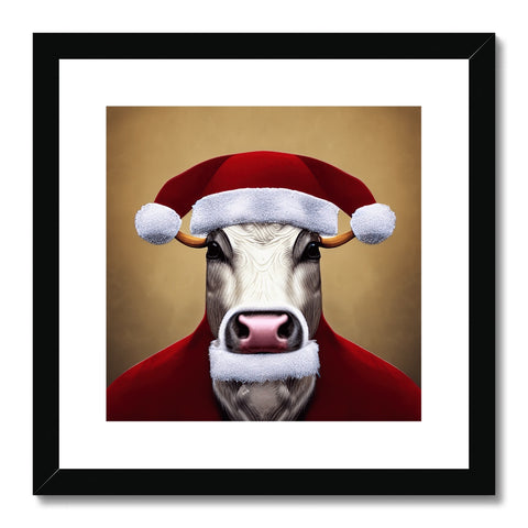 A cow with a horn on a white wall with a brown background.