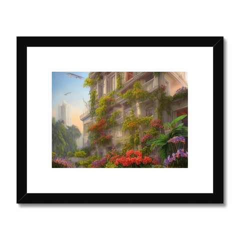 An illusion art print framed in copper with a beautiful tropical city  and a blue sky