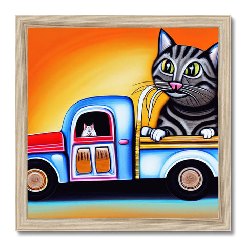 Two yellow and white cats in a car near an art piece framed on a post