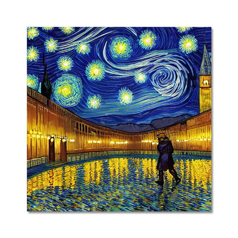 A night sky filled with some paintings with lights on and a clock hanging on a wall