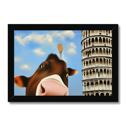 A cow standing in the water next to a big glass of wine on a wall.