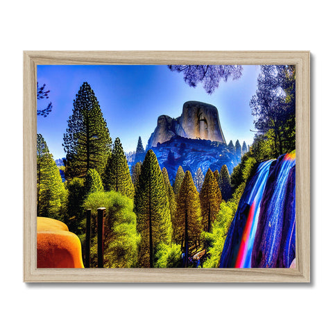 The photo is on a tall wooden frame with a picture of a waterfall behind the frame
