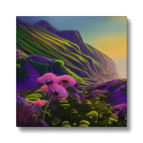 a view of a mountain with a purple flower on an art print
