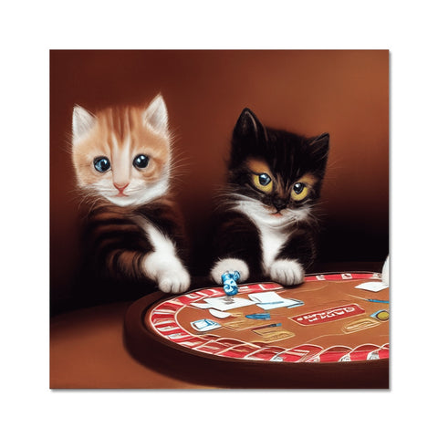 Two kittens play at a board game while playing poker.