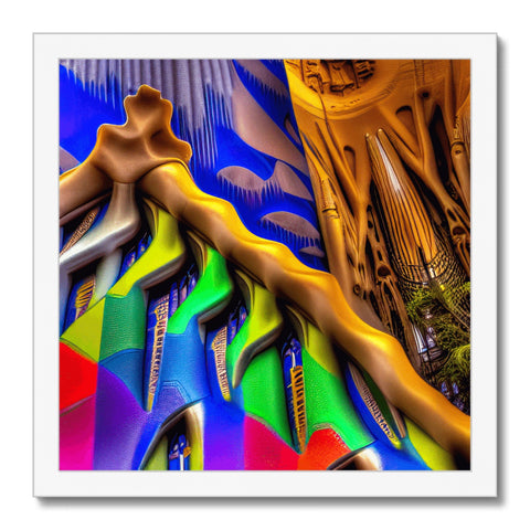 Art print with three tall buildings and lots of color.