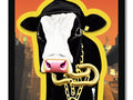 A cow holding a cowbell on top of its face and her face hanging over a