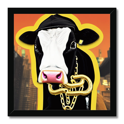 A cow holding a cowbell on top of its face and her face hanging over a