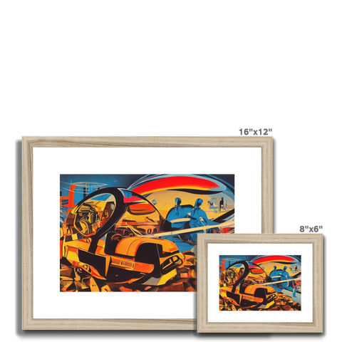 An art print with three images standing on a wall in front of other art frames.