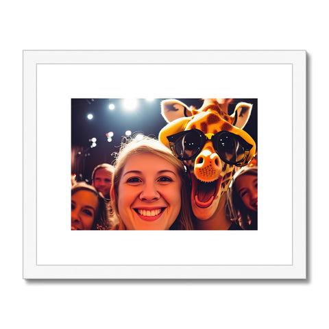 A giraffe and some people standing in a field looking at a picture and sitting next