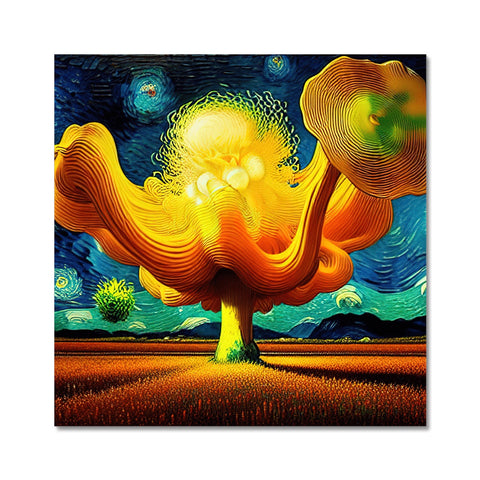 Art print with mushrooms in the background as the sky fades into blue.